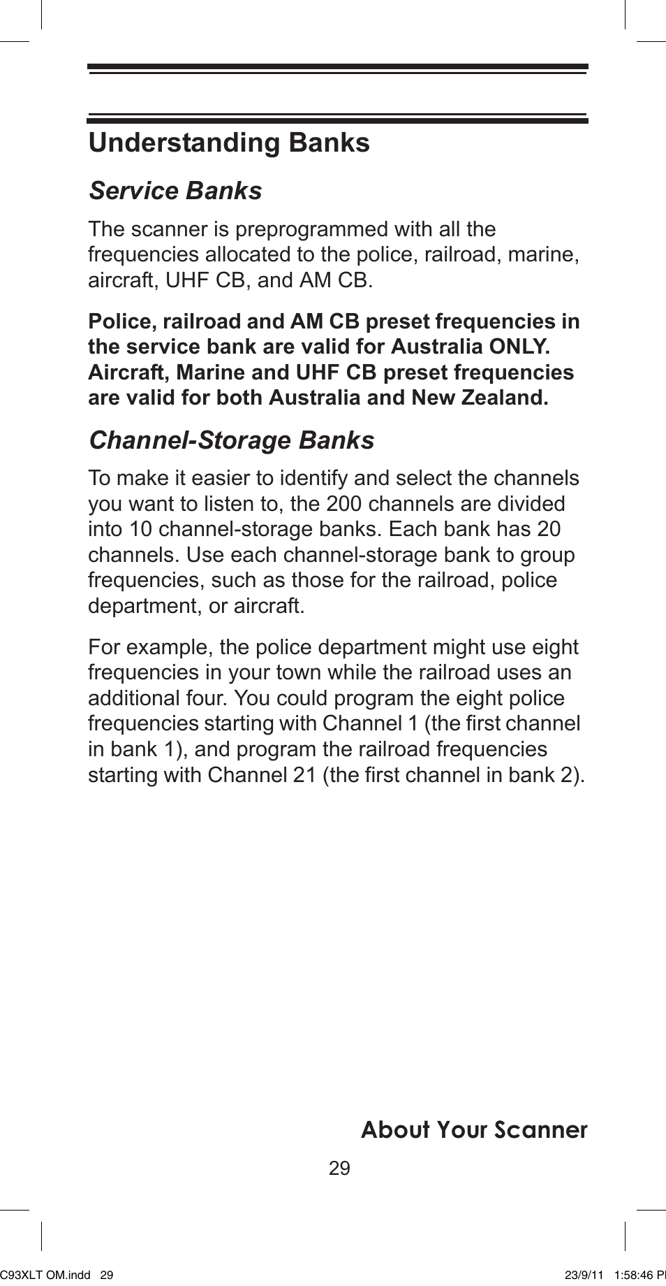 Understanding banks, Service banks, Channel-storage banks | About your scanner | Uniden UBC93XLT User Manual | Page 29 / 60