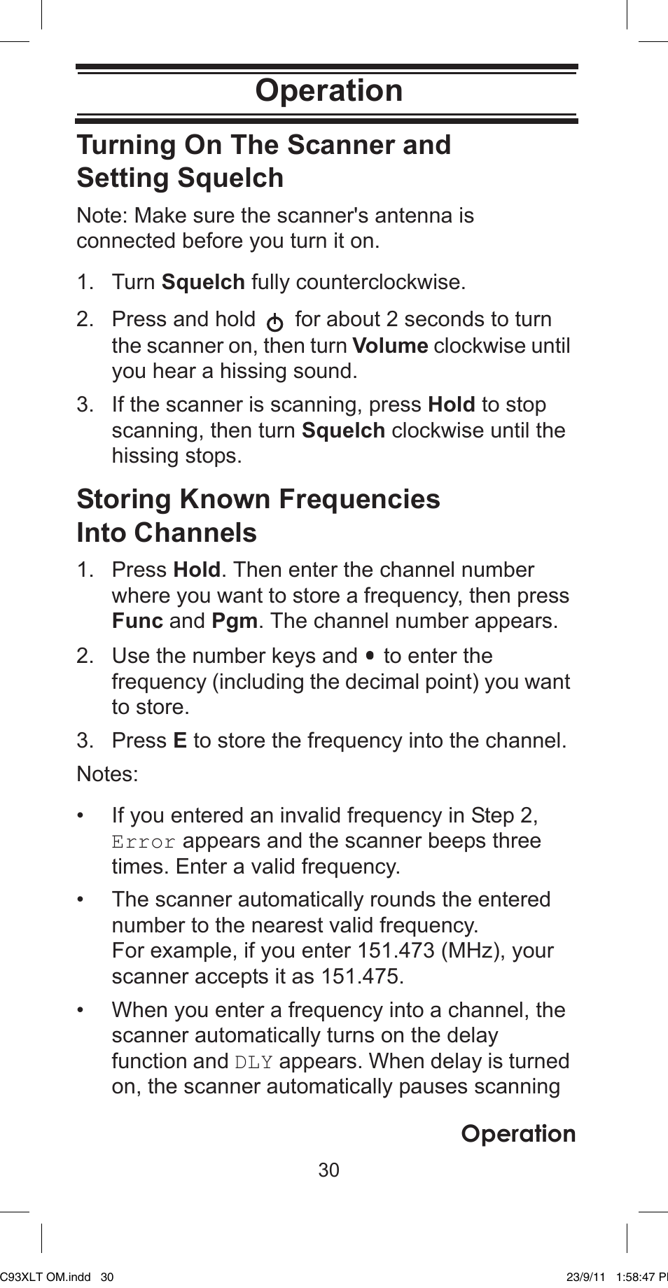 Operation, Storing known frequencies into channels | Uniden UBC93XLT User Manual | Page 30 / 60