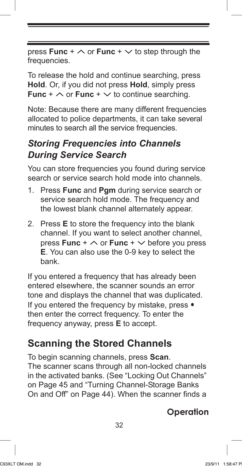 Scanning the stored channels | Uniden UBC93XLT User Manual | Page 32 / 60