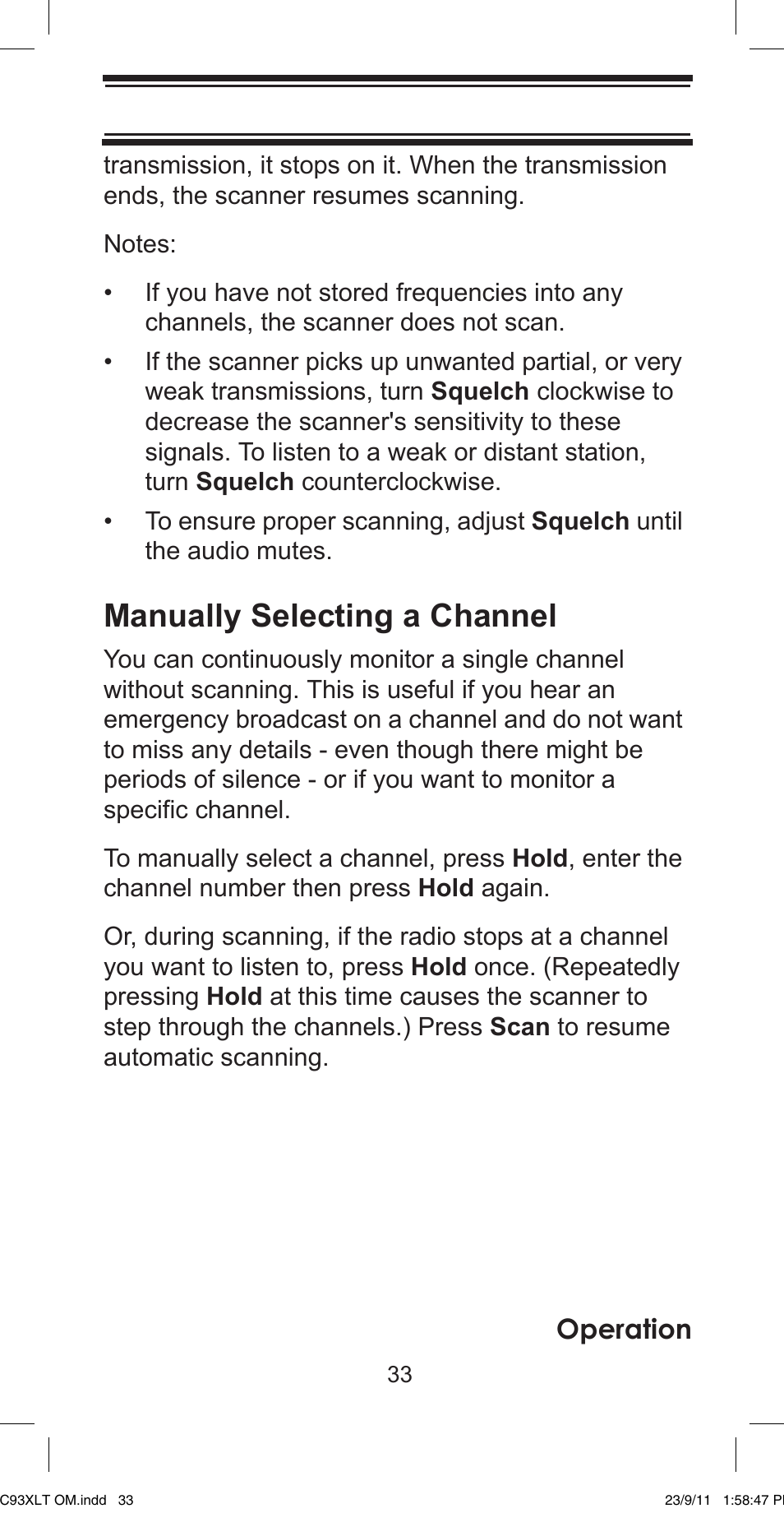 Manually selecting a channel, Operation | Uniden UBC93XLT User Manual | Page 33 / 60