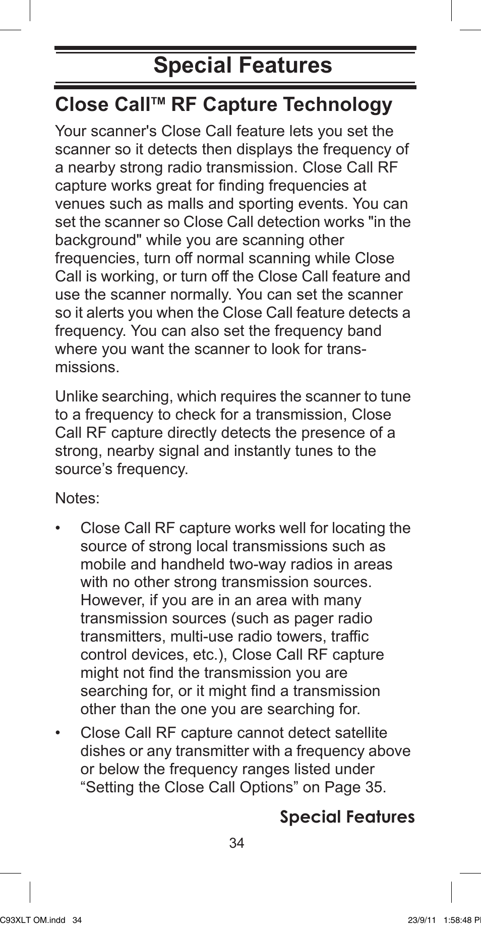 Special features, Special features close call, Rf capture technology | Uniden UBC93XLT User Manual | Page 34 / 60