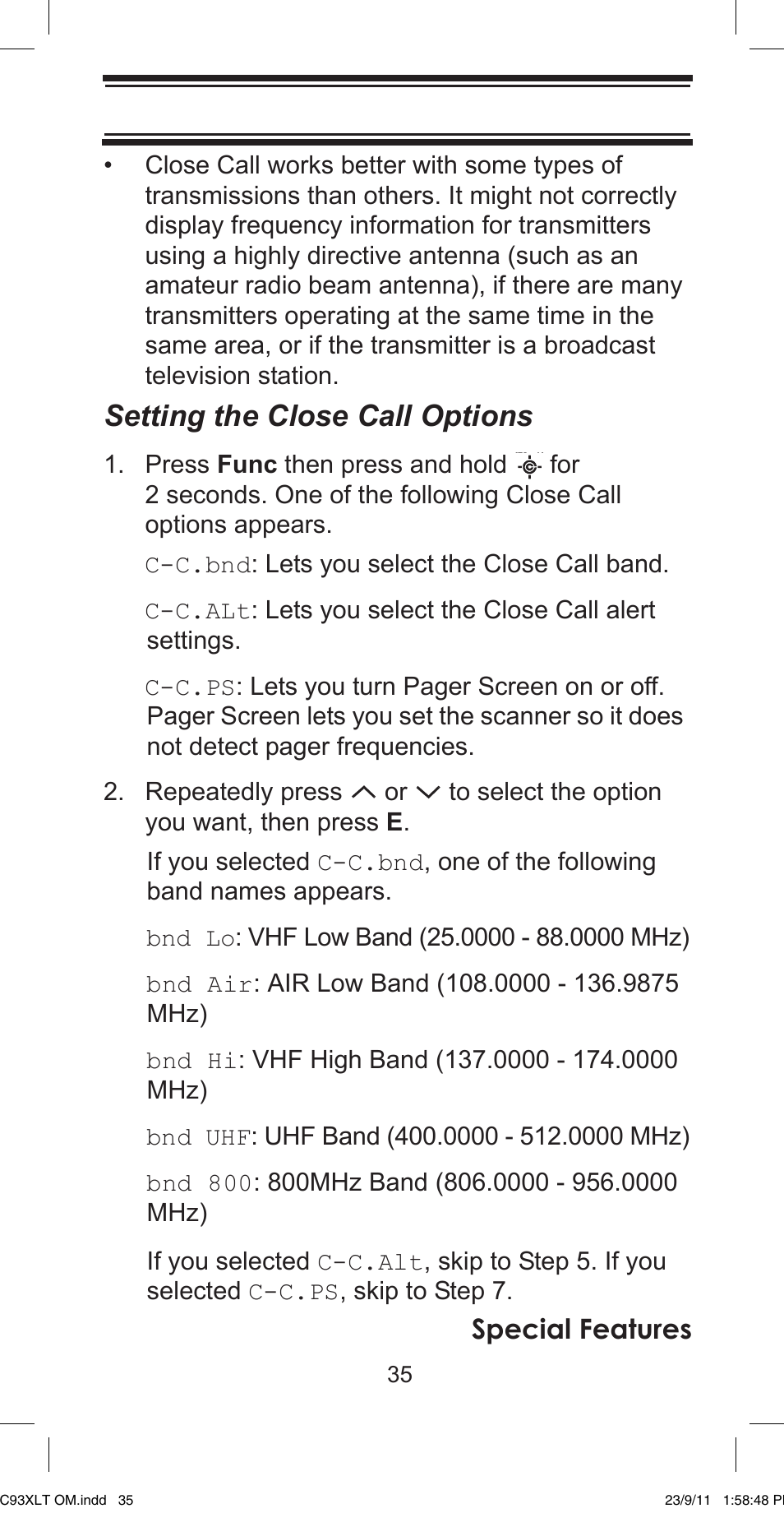 Setting the close call options, Special features | Uniden UBC93XLT User Manual | Page 35 / 60