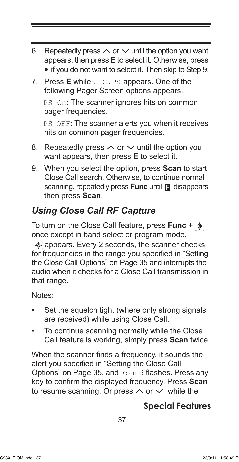 Using close call rf capture, Special features | Uniden UBC93XLT User Manual | Page 37 / 60