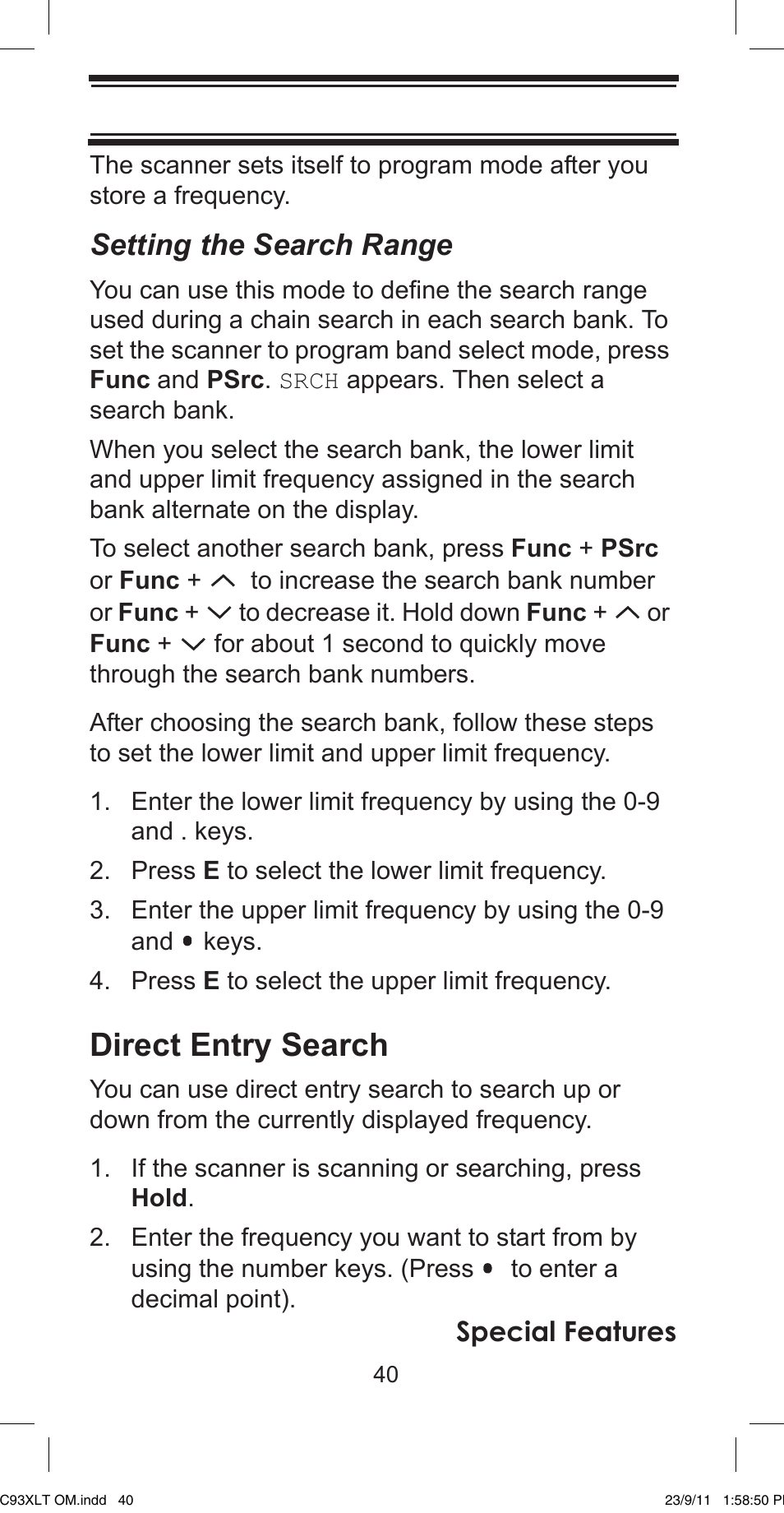 Direct entry search, Setting the search range, Special features | Uniden UBC93XLT User Manual | Page 40 / 60