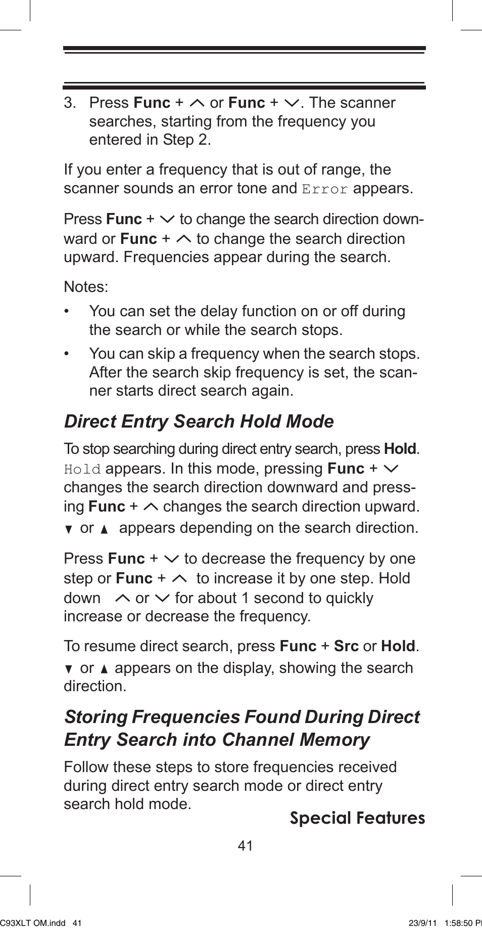 Direct entry search hold mode, Special features | Uniden UBC93XLT User Manual | Page 41 / 60