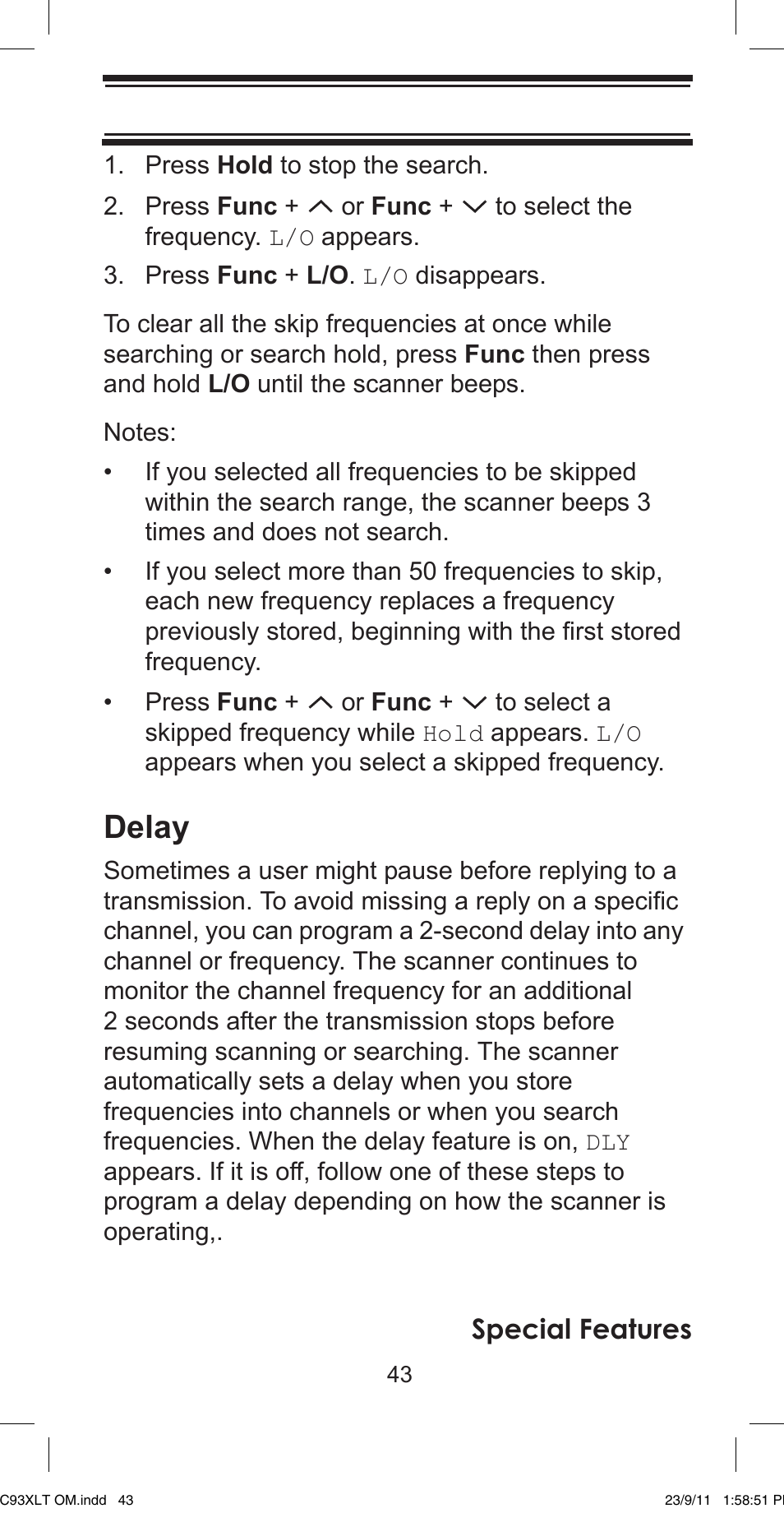 Delay, Special features | Uniden UBC93XLT User Manual | Page 43 / 60