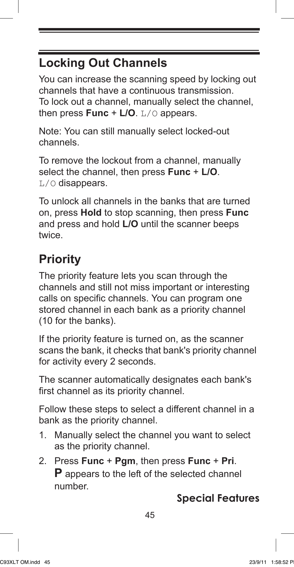 Locking out channels, Priority | Uniden UBC93XLT User Manual | Page 45 / 60