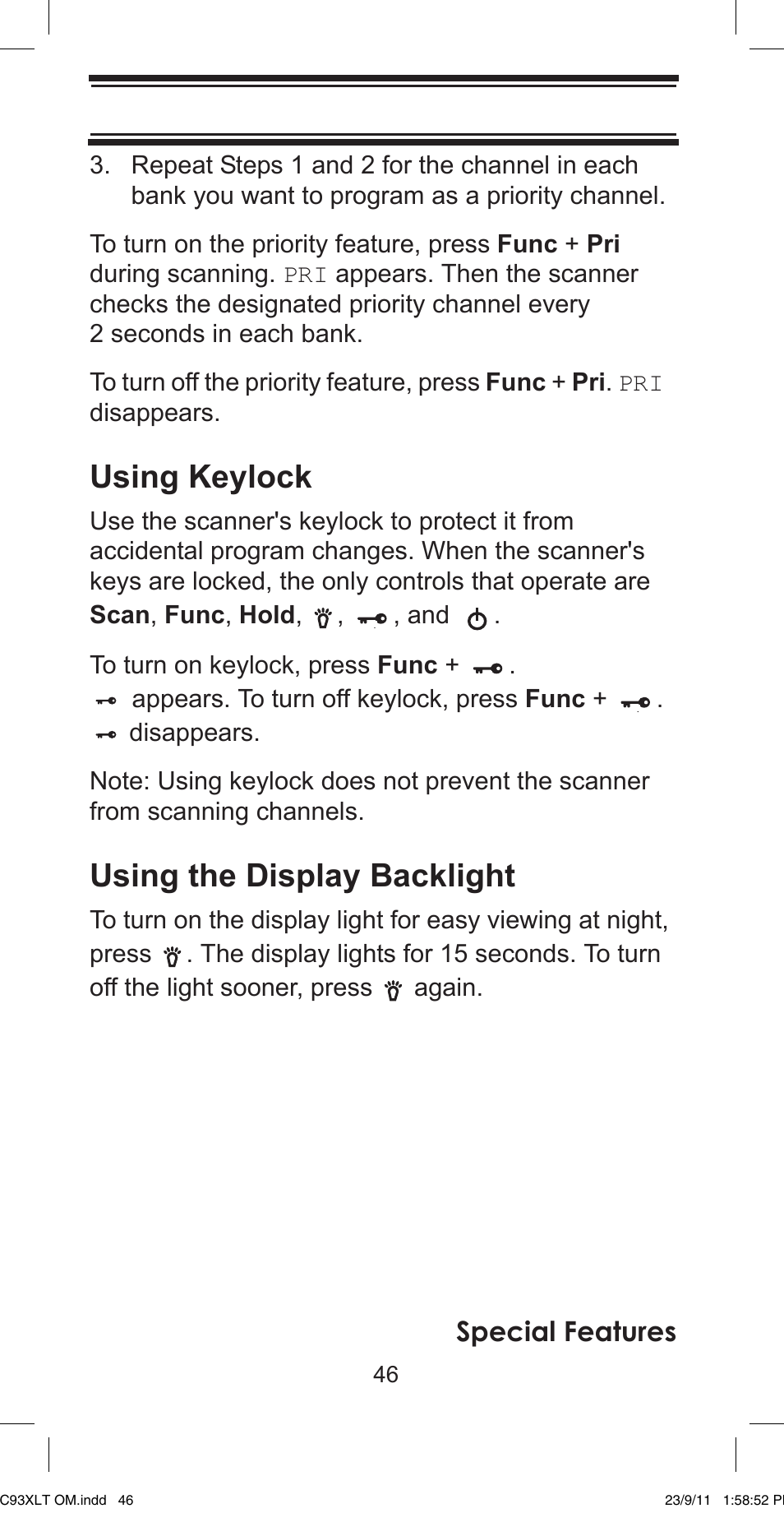 Using keylock, Using the display backlight, Special features | Uniden UBC93XLT User Manual | Page 46 / 60