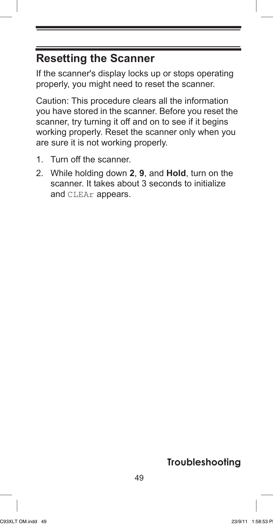 Resetting the scanner, Troubleshooting | Uniden UBC93XLT User Manual | Page 49 / 60
