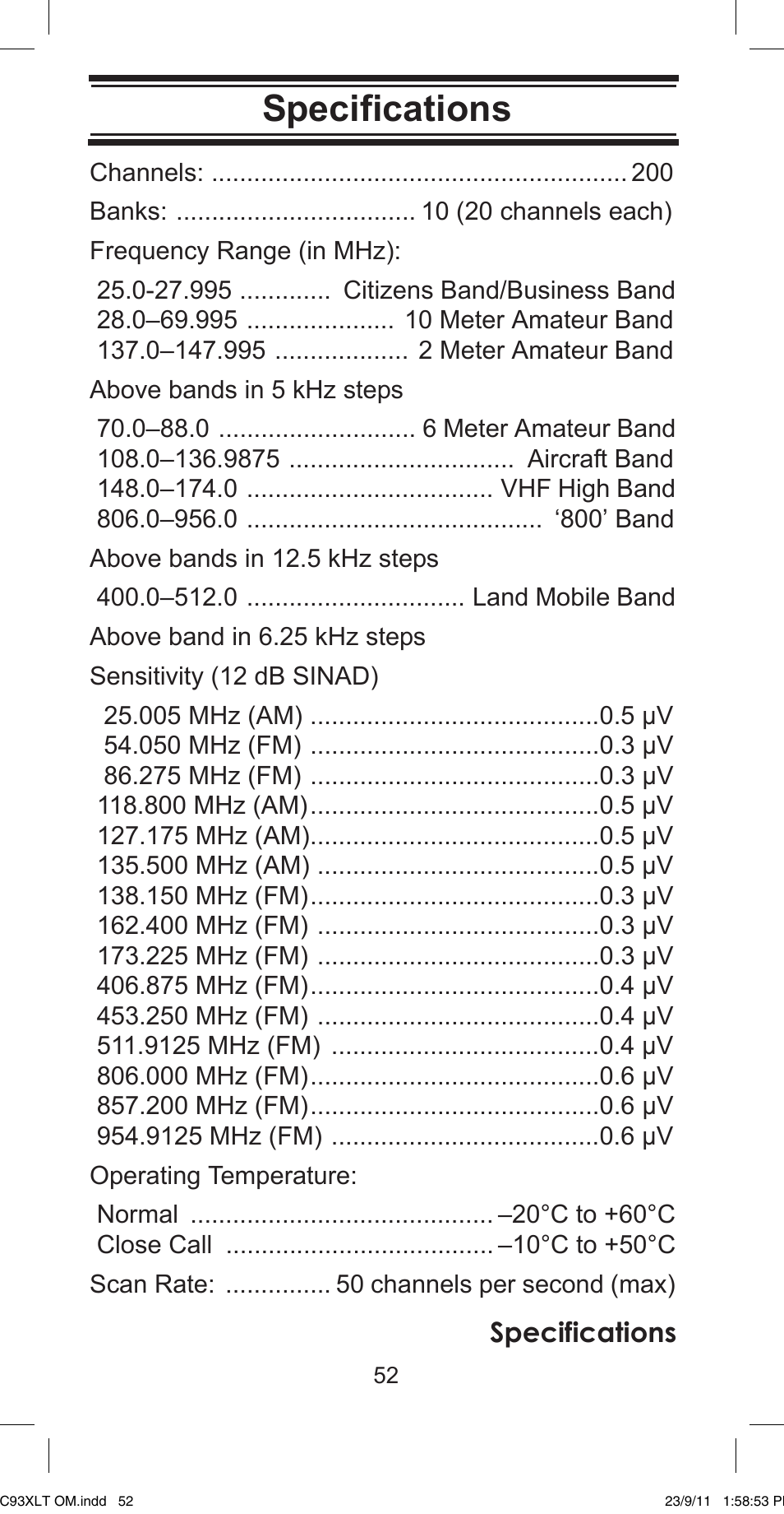 Specifications | Uniden UBC93XLT User Manual | Page 52 / 60