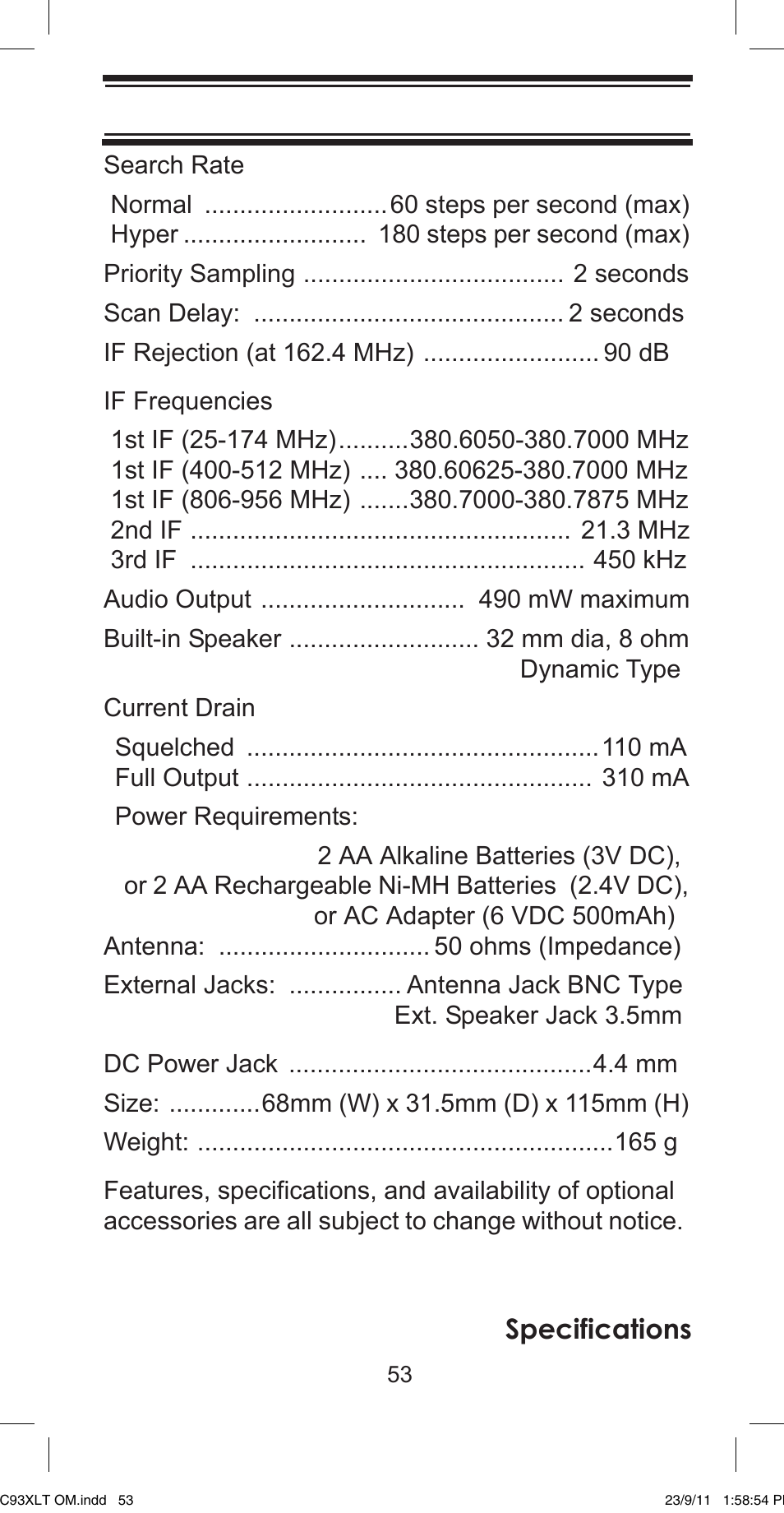 Specifications | Uniden UBC93XLT User Manual | Page 53 / 60