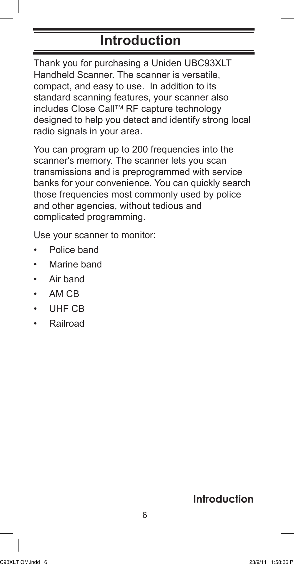 Introduction | Uniden UBC93XLT User Manual | Page 6 / 60