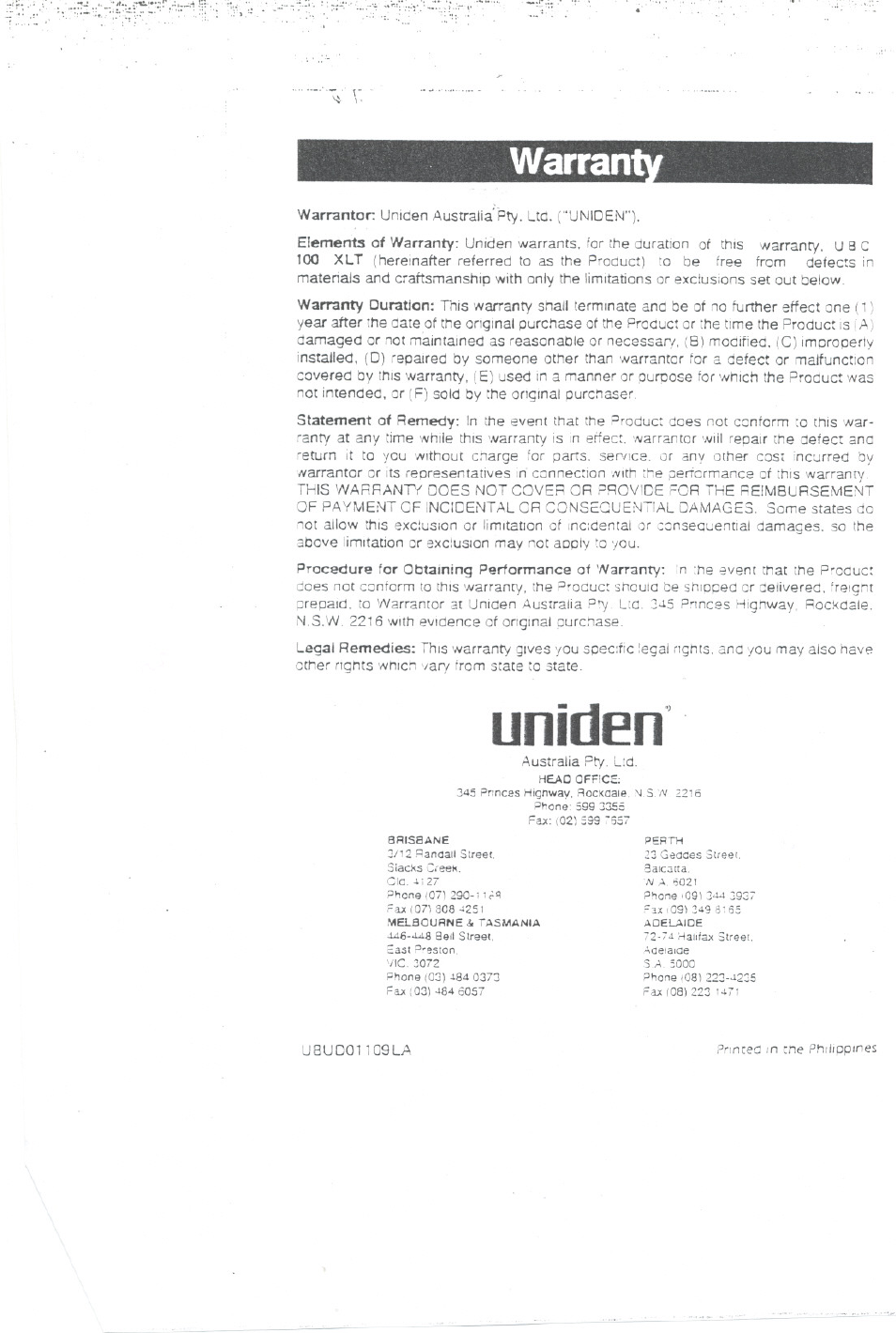 Uniflen, Warran | Uniden BEARCAT UBC100XLT User Manual | Page 11 / 11