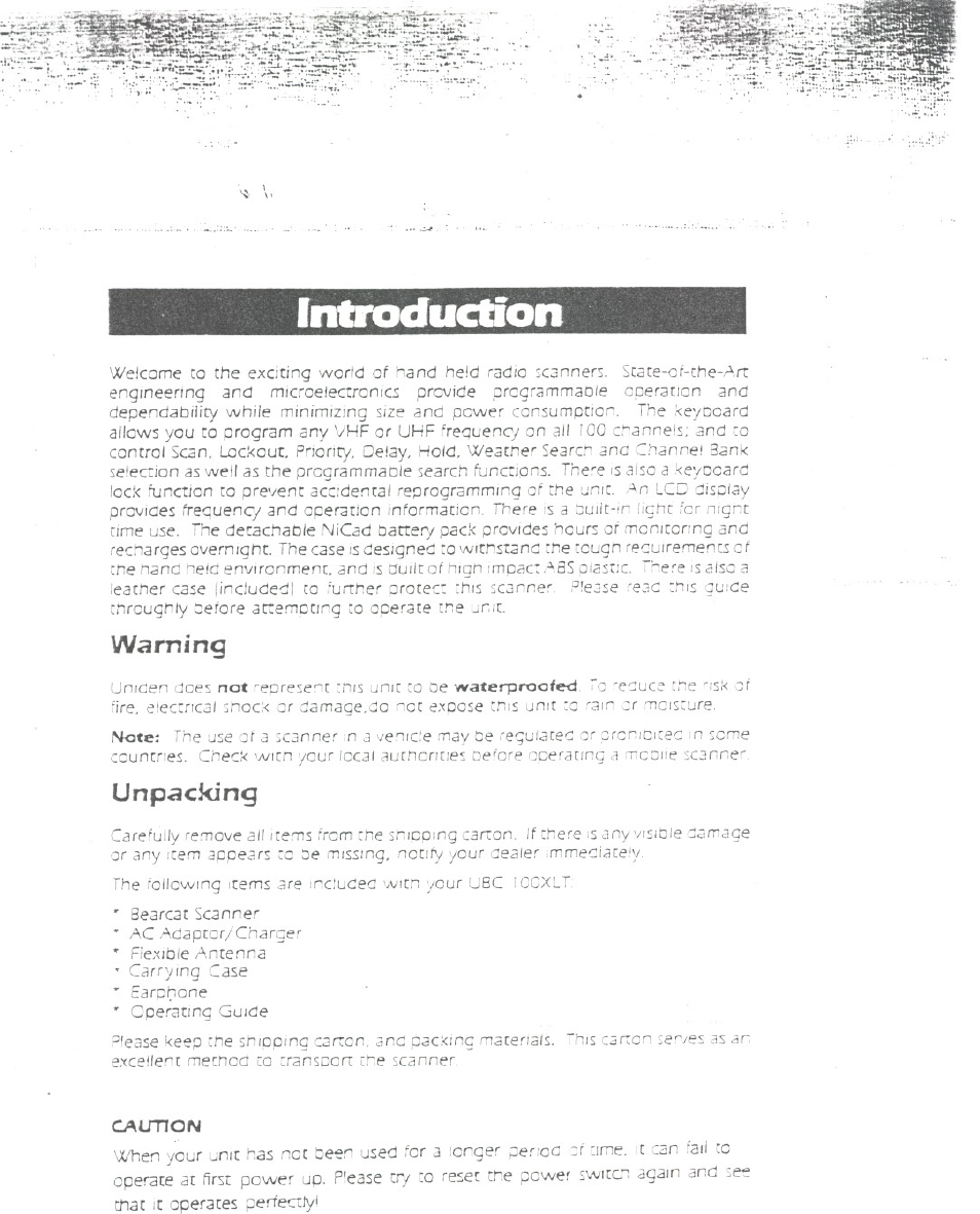 Warning, Unpacking | Uniden BEARCAT UBC100XLT User Manual | Page 2 / 11