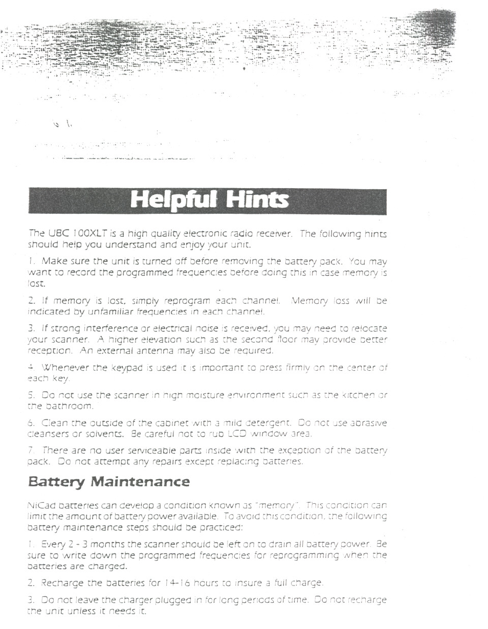 Hints, Battery maintenance | Uniden BEARCAT UBC100XLT User Manual | Page 3 / 11