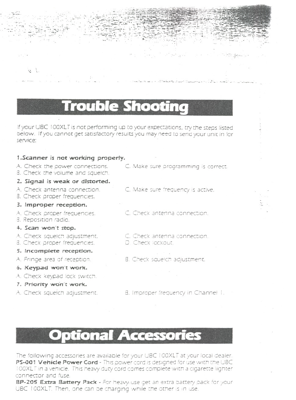 Trouble shooting, Optional accessories | Uniden BEARCAT UBC100XLT User Manual | Page 4 / 11