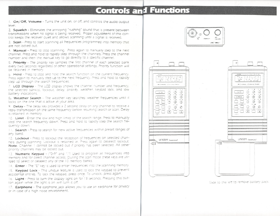 Confrols anl functions, S > e o o | Uniden BEARCAT UBC100XLT User Manual | Page 7 / 11