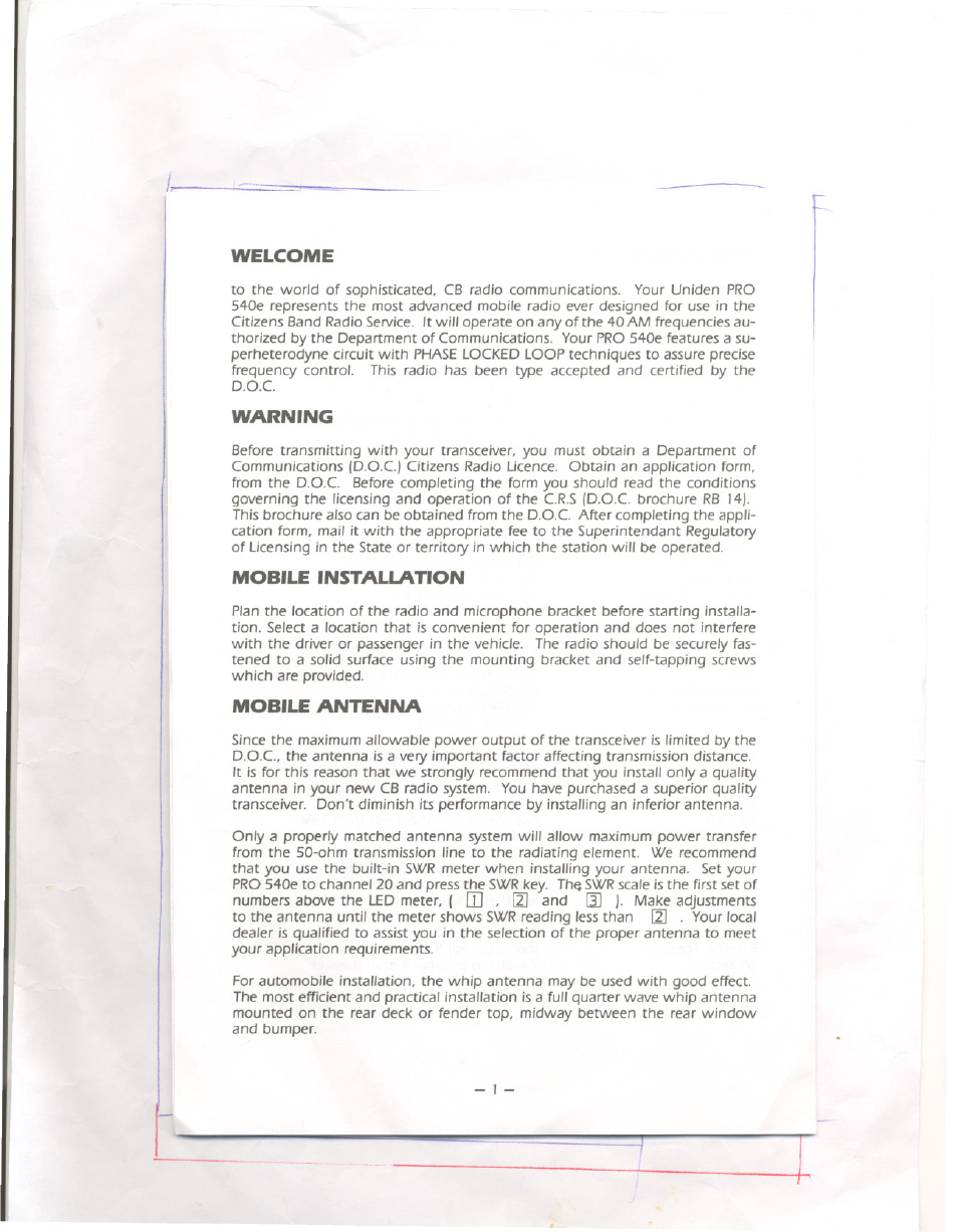 Welcome, Warning, Mobile installation | Mobile antenna | Uniden PRO 540e User Manual | Page 2 / 10