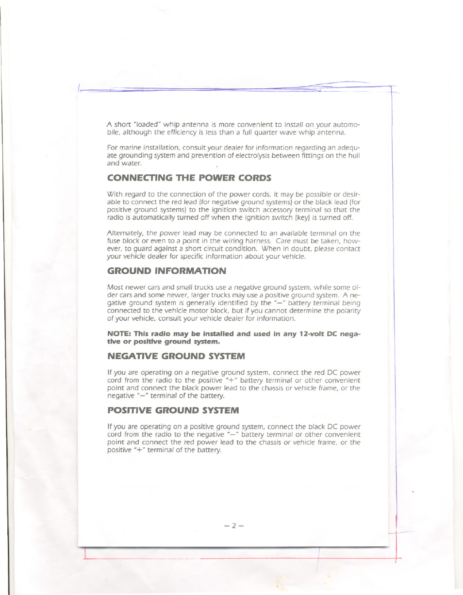 Connecting the power cords, Ground information, Negative ground system | Positive ground system | Uniden PRO 540e User Manual | Page 3 / 10