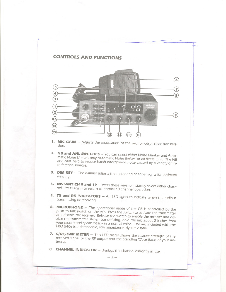 Controls and functions | Uniden PRO 540e User Manual | Page 4 / 10