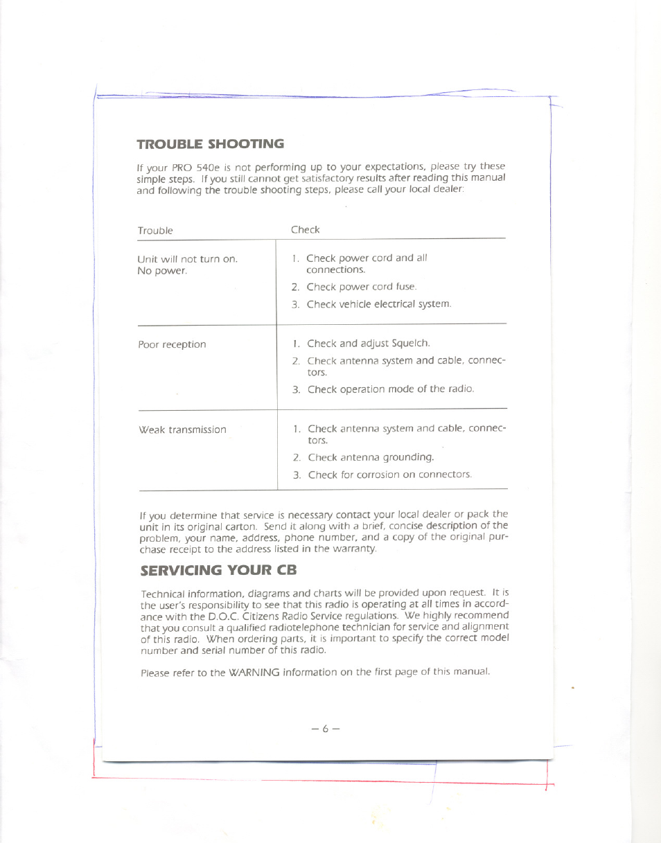 Trouble shooting, Servicing your cb | Uniden PRO 540e User Manual | Page 7 / 10