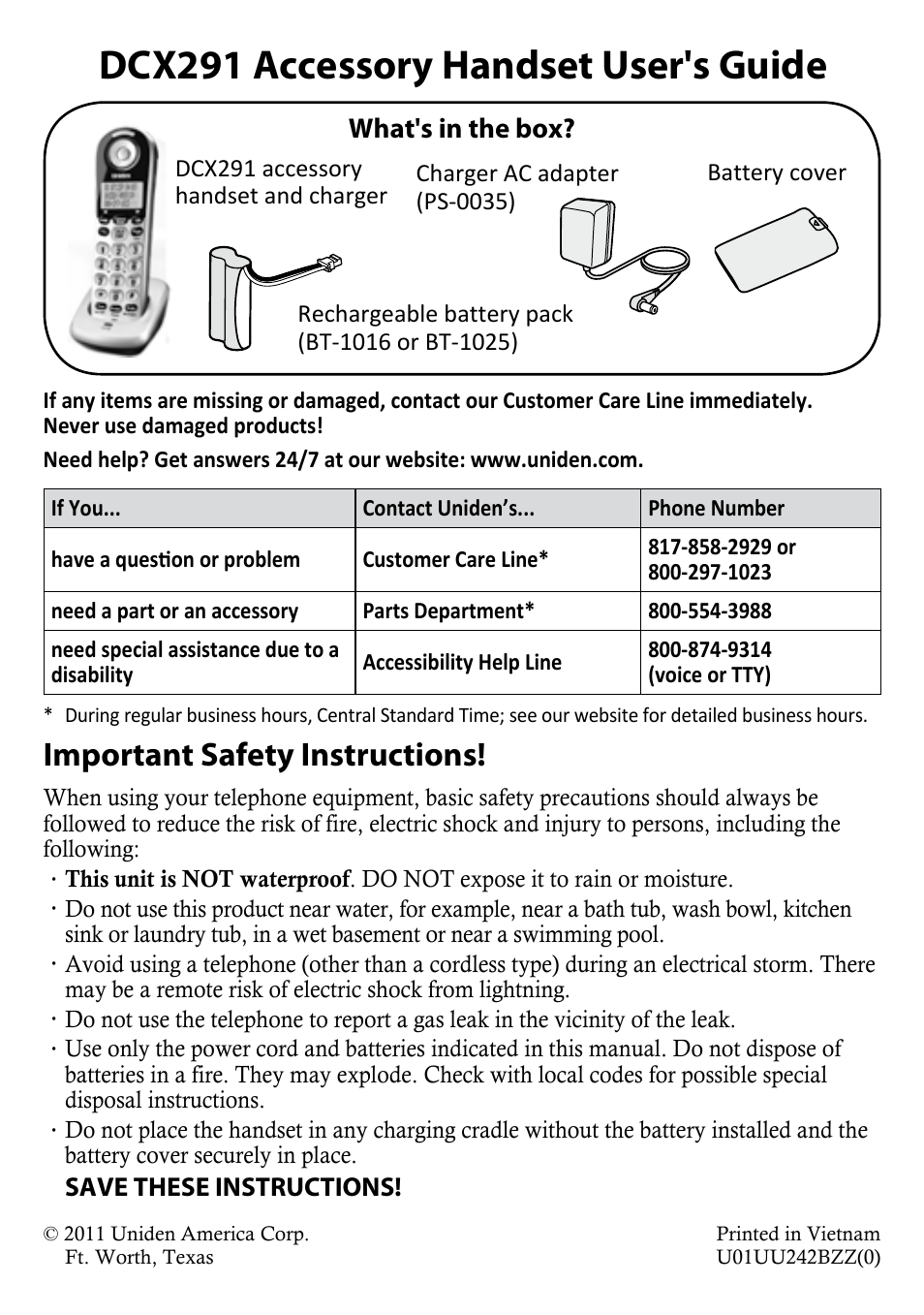 Uniden DCX291 User Manual | 8 pages