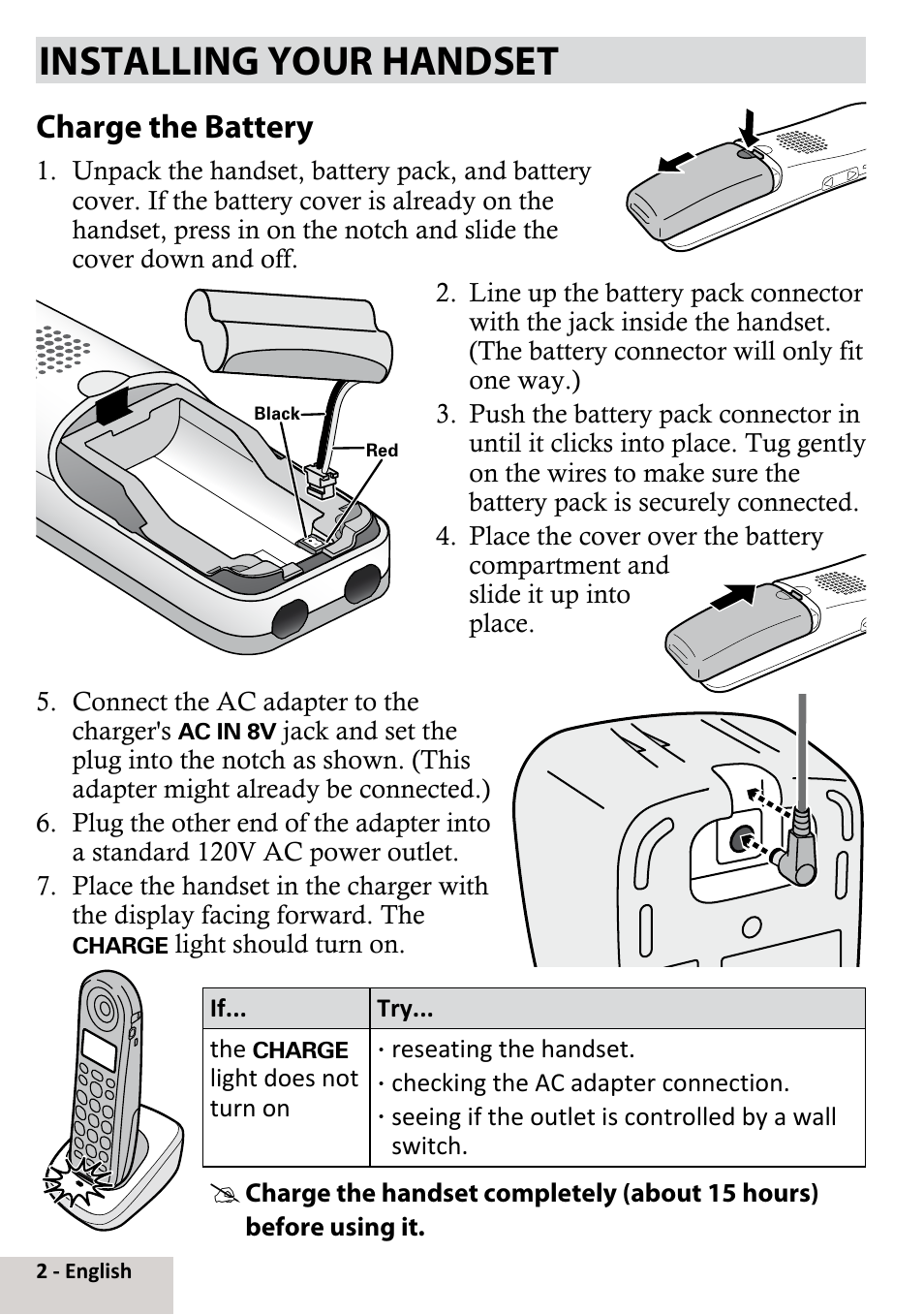 Installing your handset, Charge the battery | Uniden DCX291 User Manual | Page 2 / 8