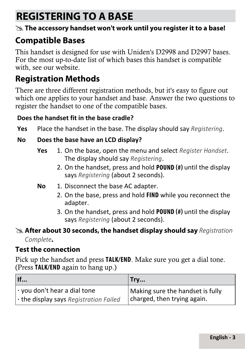 Registering to a base, Compatible bases, Registration methods | Uniden DCX291 User Manual | Page 3 / 8