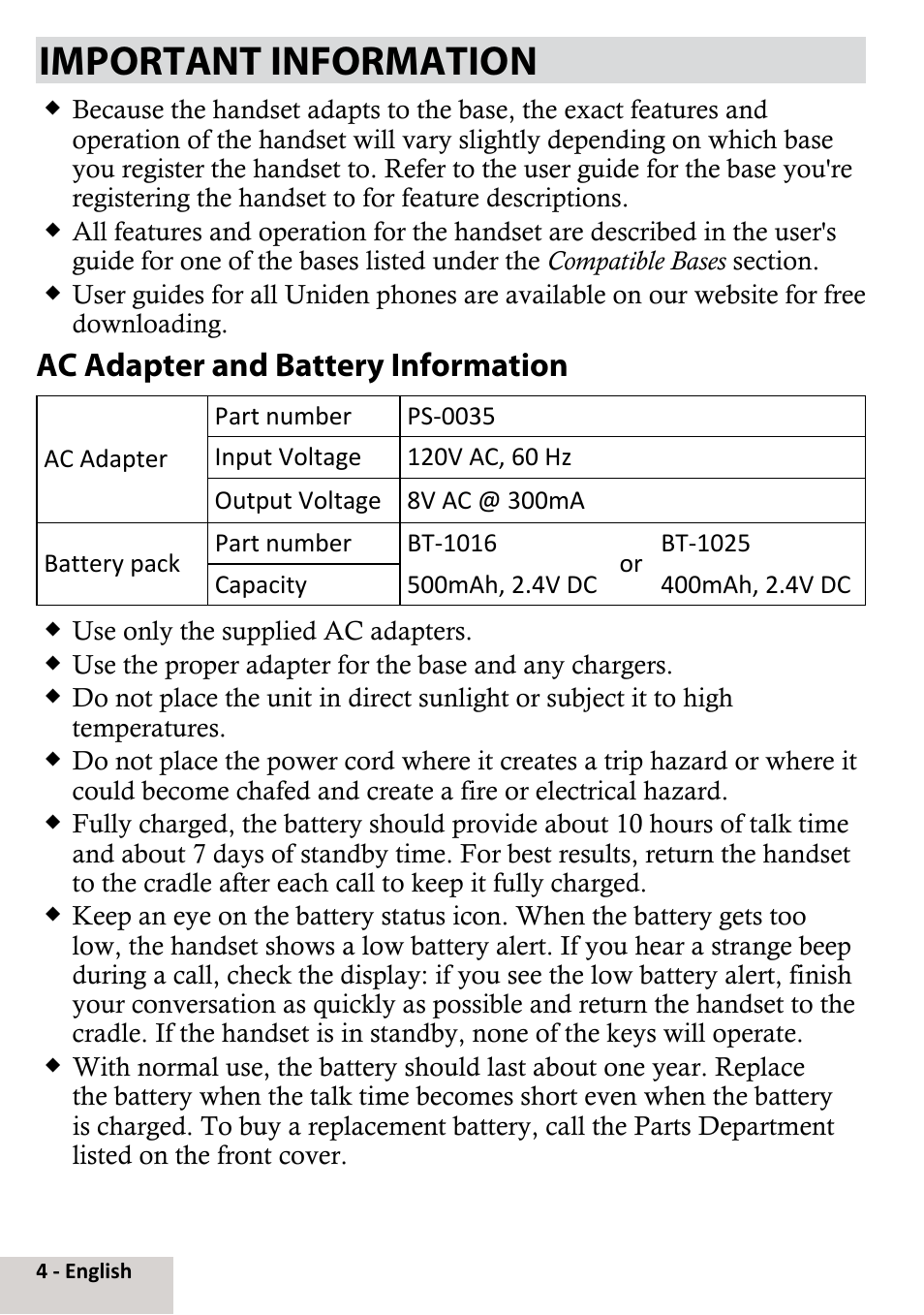 Important information, Ac adapter and battery information | Uniden DCX291 User Manual | Page 4 / 8