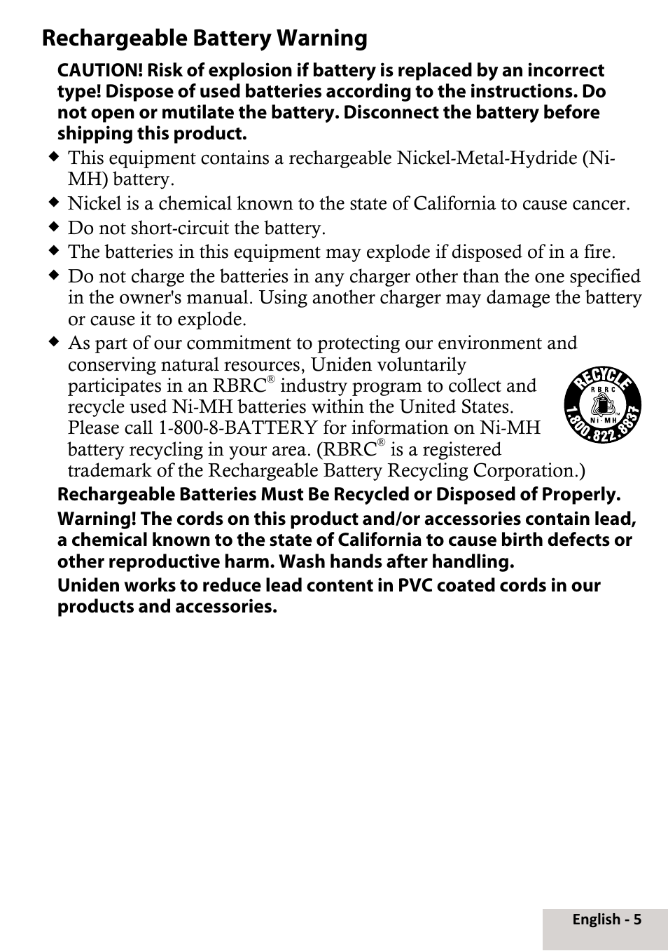 Rechargeable battery warning | Uniden DCX291 User Manual | Page 5 / 8