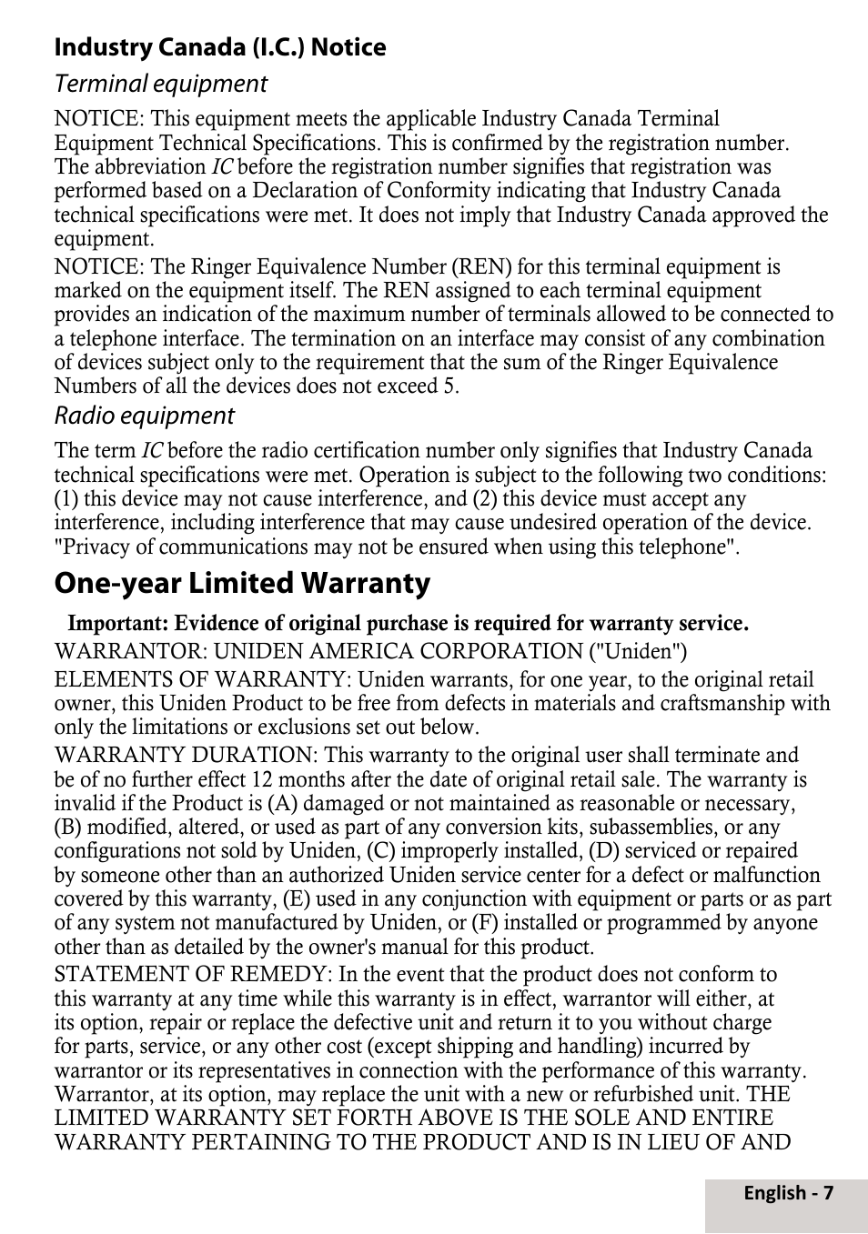 One-year limited warranty, Industry canada (i.c.) notice terminal equipment, Radio equipment | Uniden DCX291 User Manual | Page 7 / 8