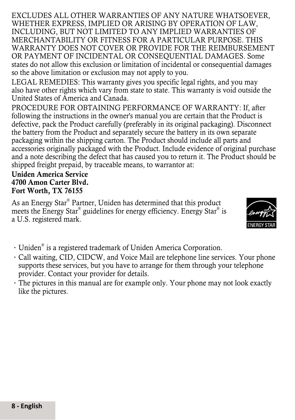 Uniden DCX291 User Manual | Page 8 / 8