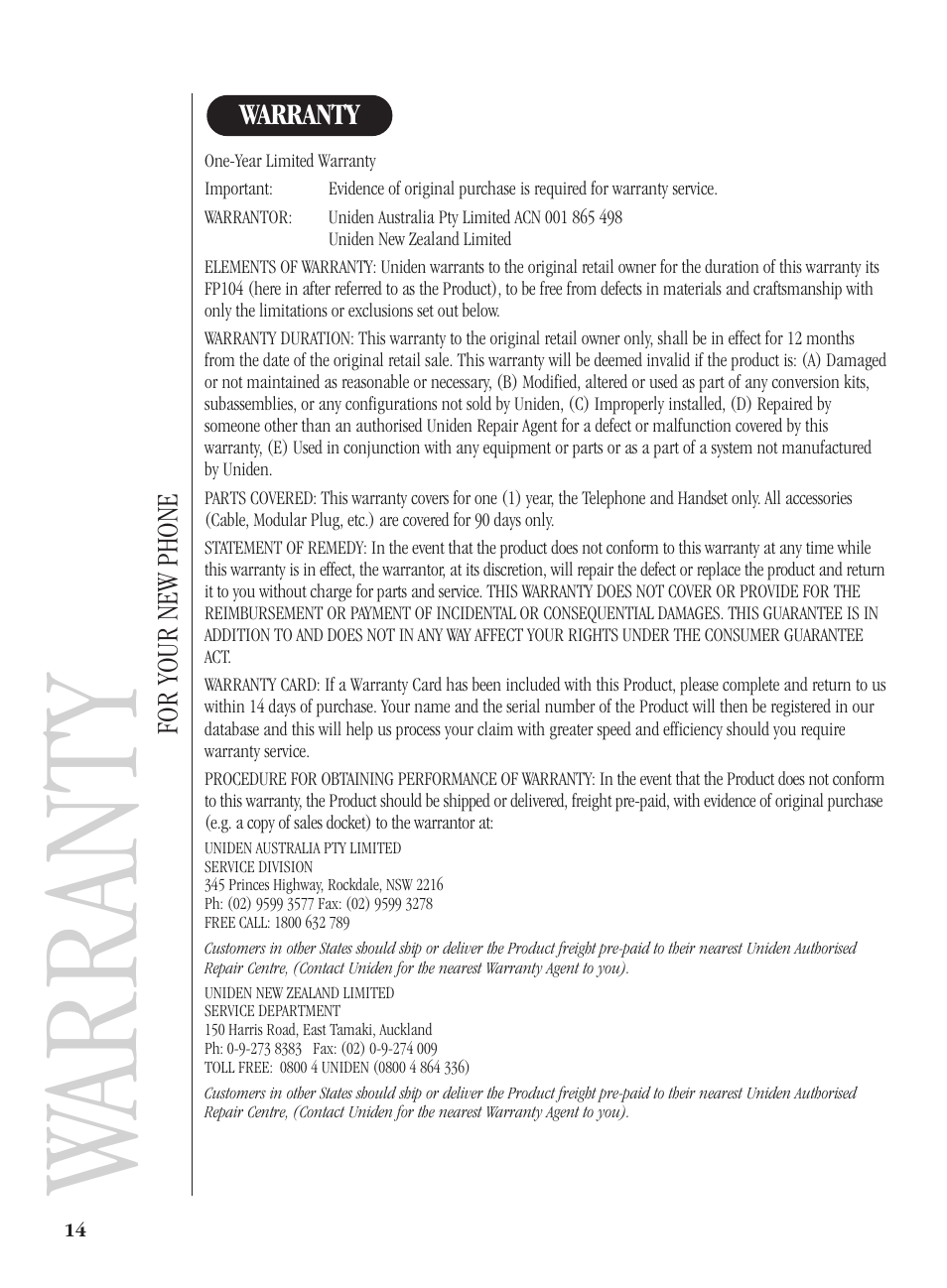 Warranty | Uniden FP104 User Manual | Page 17 / 20