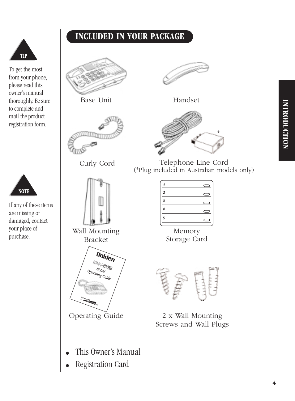 Included in your package, This owner’s manual, Registration card | Introduction, Curly cord telephone line cord, Plug included in australian models only) | Uniden FP104 User Manual | Page 7 / 20