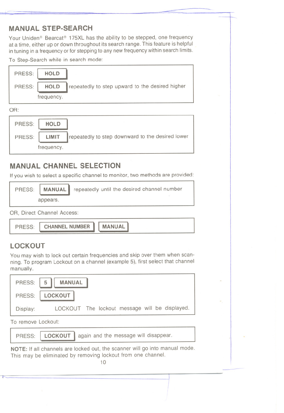 Manual step-search, Manual channel selection, Lockout | Uniden UBC 175xL User Manual | Page 10 / 14