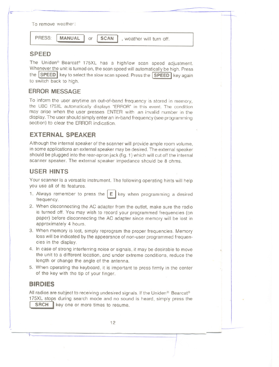 Speed, Error message, External speaker | User hints, Birdies, Speed error message | Uniden UBC 175xL User Manual | Page 12 / 14