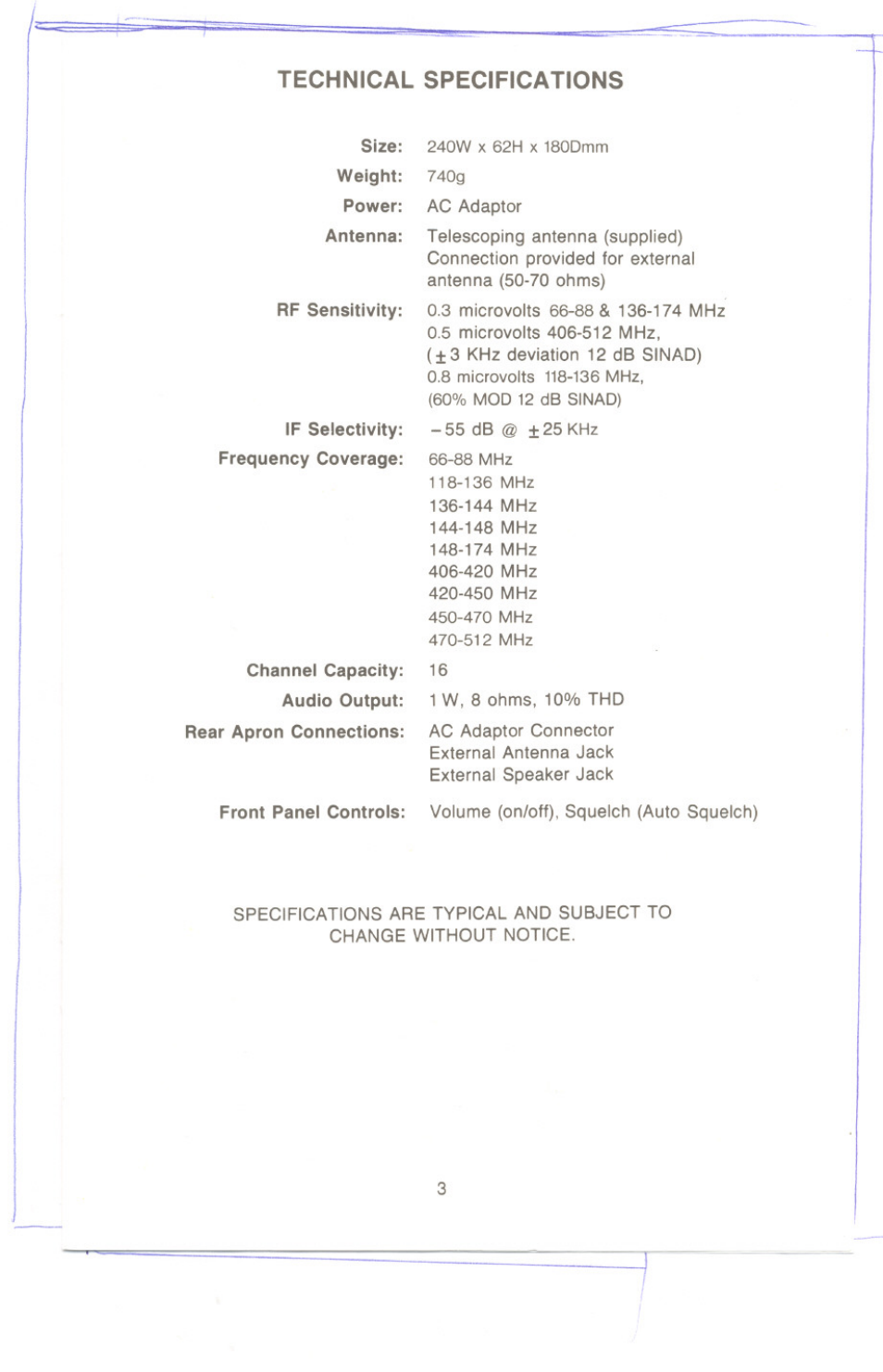 Technical specifications | Uniden UBC 175xL User Manual | Page 3 / 14