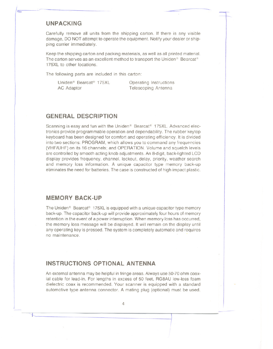Unpacking, General description, Memory back-up | Instructions optional antenna | Uniden UBC 175xL User Manual | Page 4 / 14