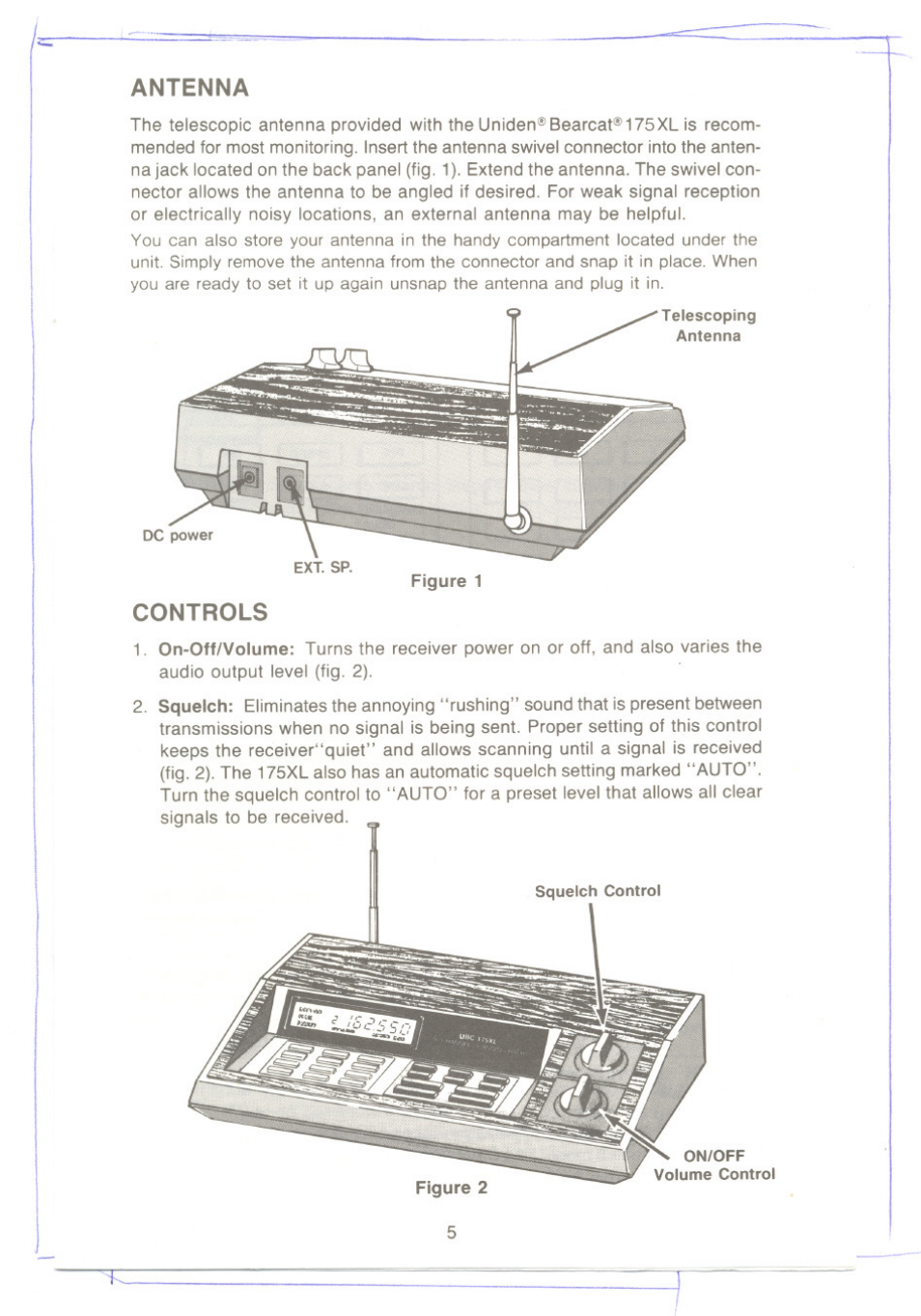 Antenna, Controls, Antenna controls | Uniden UBC 175xL User Manual | Page 5 / 14
