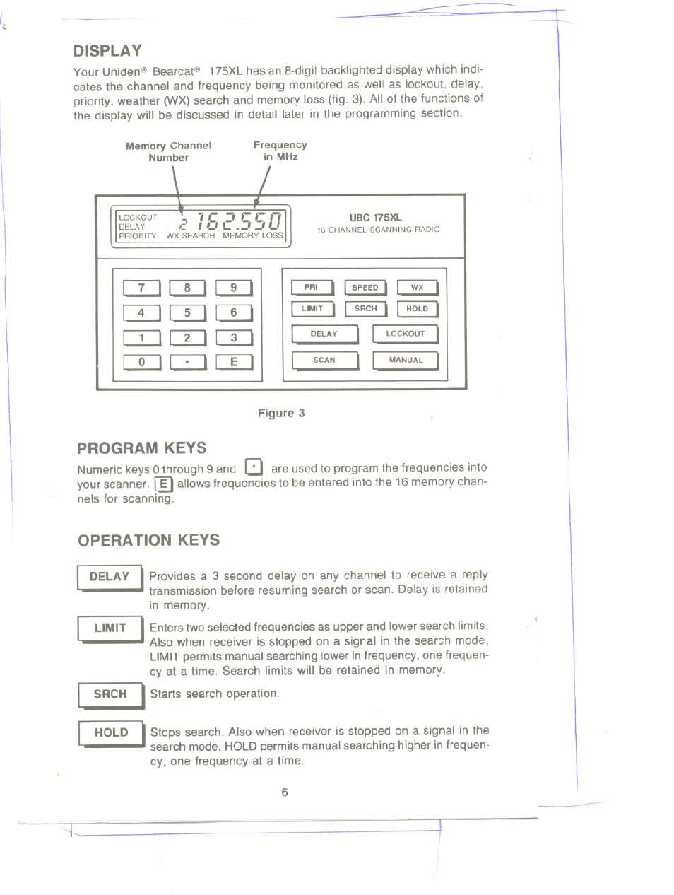 Display, Program keys, Operation keys | Display program keys operation keys , 7 | Uniden UBC 175xL User Manual | Page 6 / 14
