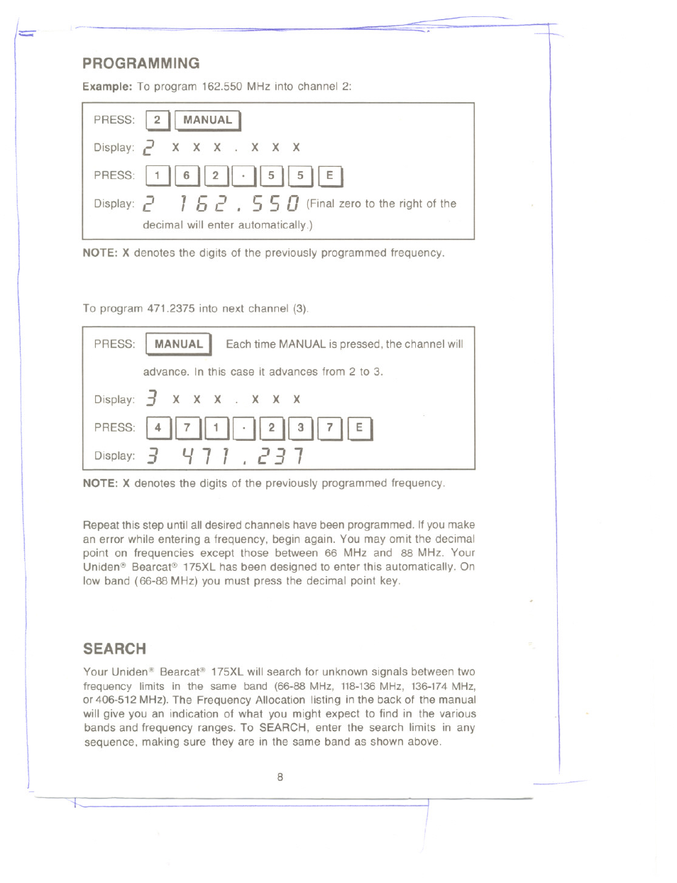 Programming, Search, H 1 1 . ^ 3 1 | Uniden UBC 175xL User Manual | Page 8 / 14