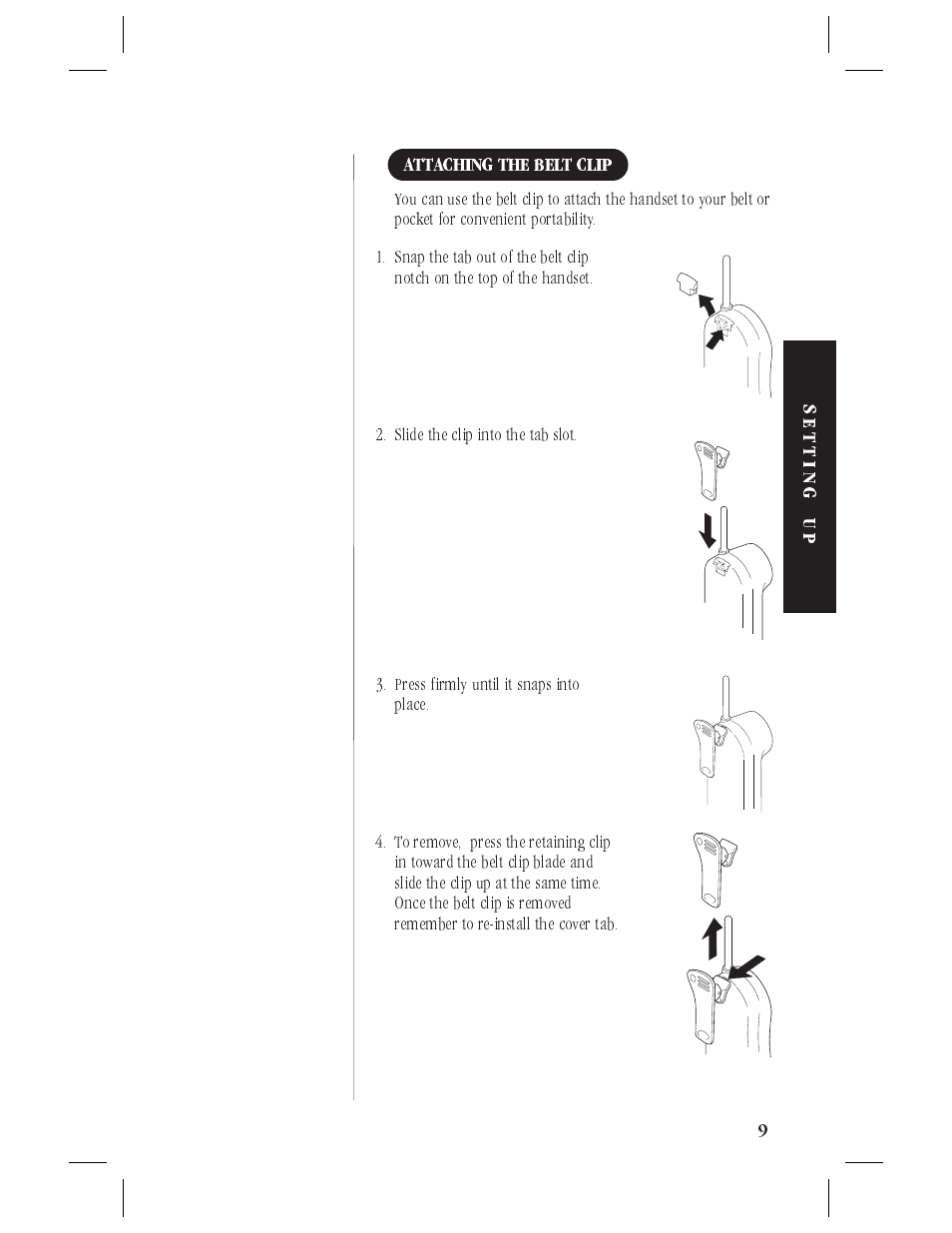 Attaching the belt clip 9 | Uniden ANA9620 User Manual | Page 10 / 32