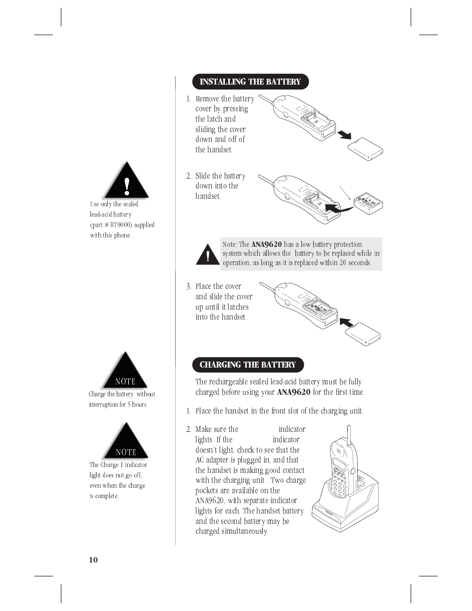 Installing the battery 10, Charging the battery 10, Wall installation 10 | Uniden ANA9620 User Manual | Page 11 / 32