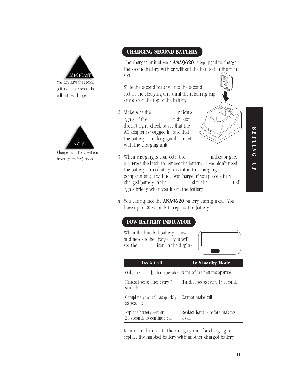 Charging second battery 11, Low battery indicator 11 | Uniden ANA9620 User Manual | Page 12 / 32