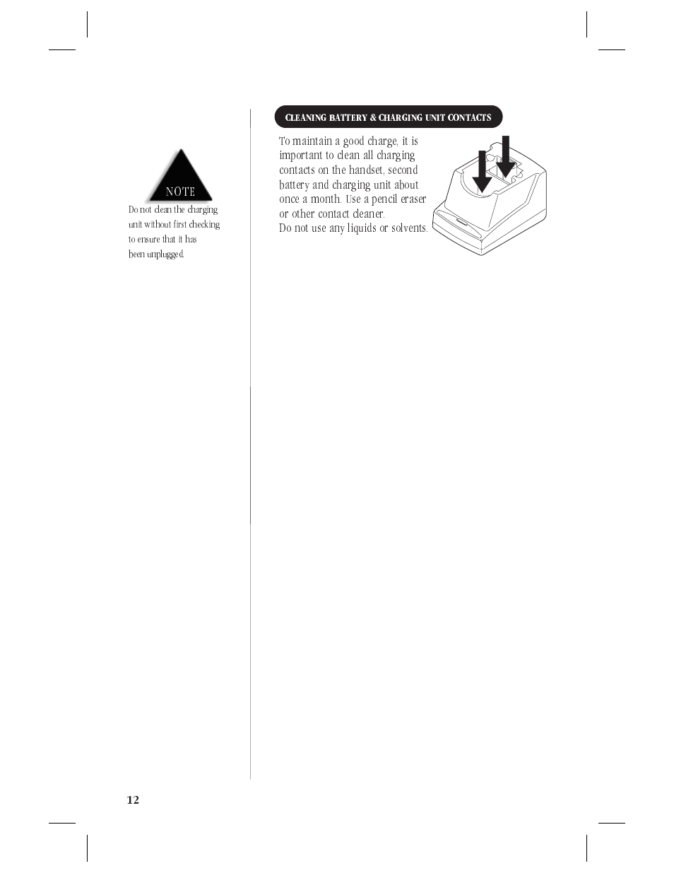 Cleaning battery & charging unit contacts 12 | Uniden ANA9620 User Manual | Page 13 / 32