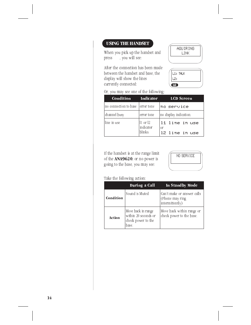 Using the handset 14 | Uniden ANA9620 User Manual | Page 15 / 32