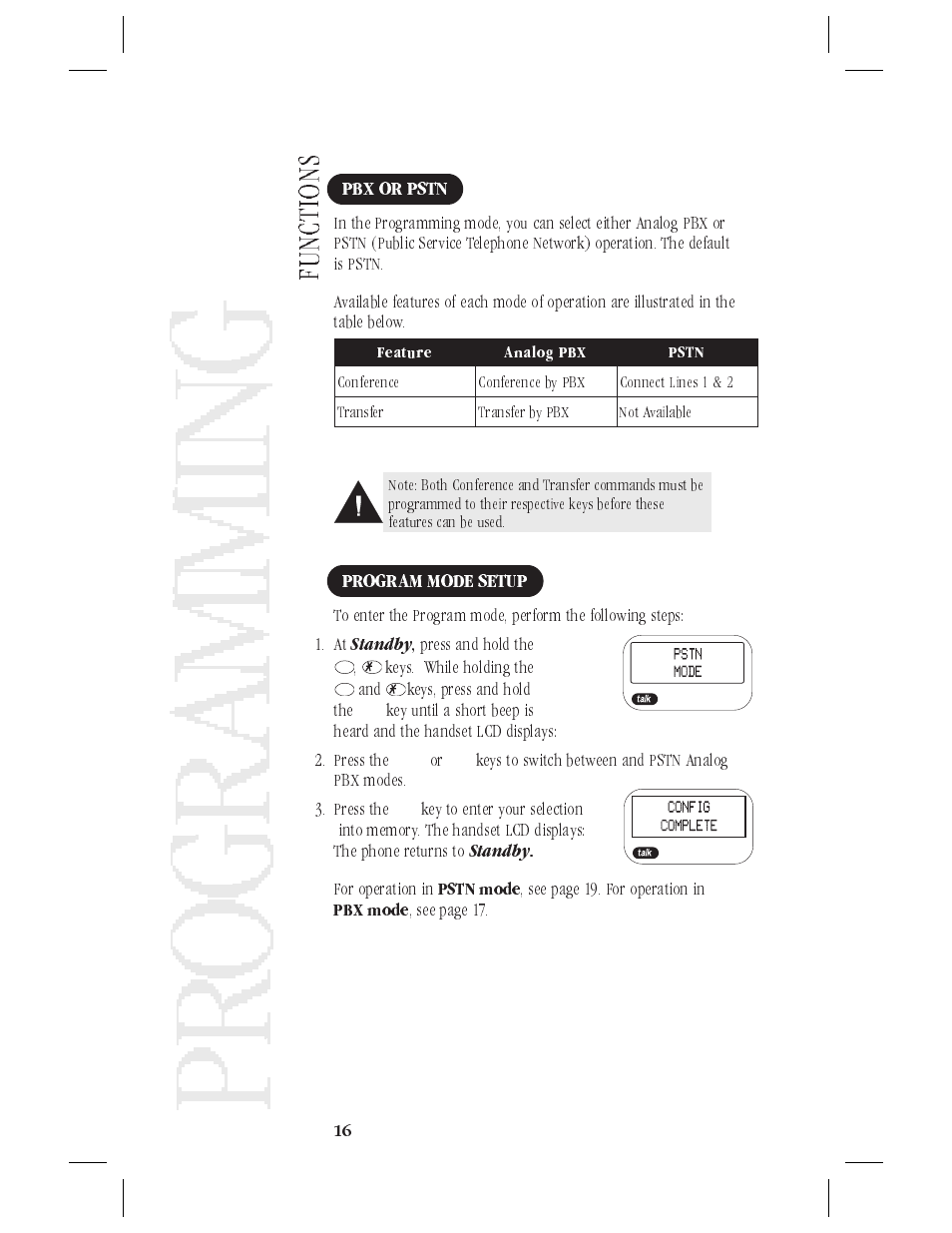 Programming functions 16, Pbx or pstn 16, Program mode setup 16 | Installing the handset battery pack 16, Pr og ra mmi ng | Uniden ANA9620 User Manual | Page 17 / 32