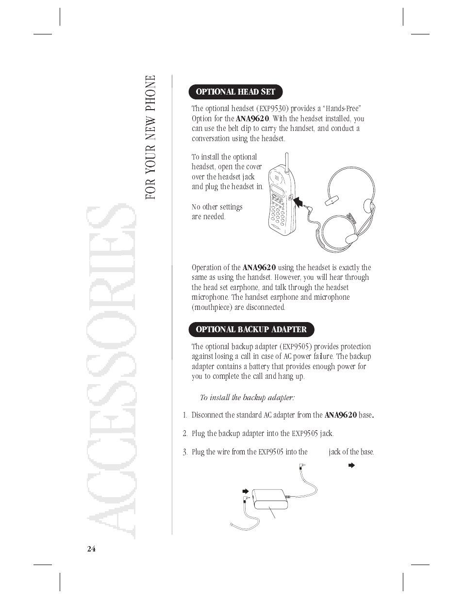Troubleshooting 26, Ana9620 mode of operation. 24, Pbx or pstn 24 | Program mode setup 24, Registering conf and xfer keys in pbx mode 24, Acces so ri es | Uniden ANA9620 User Manual | Page 25 / 32
