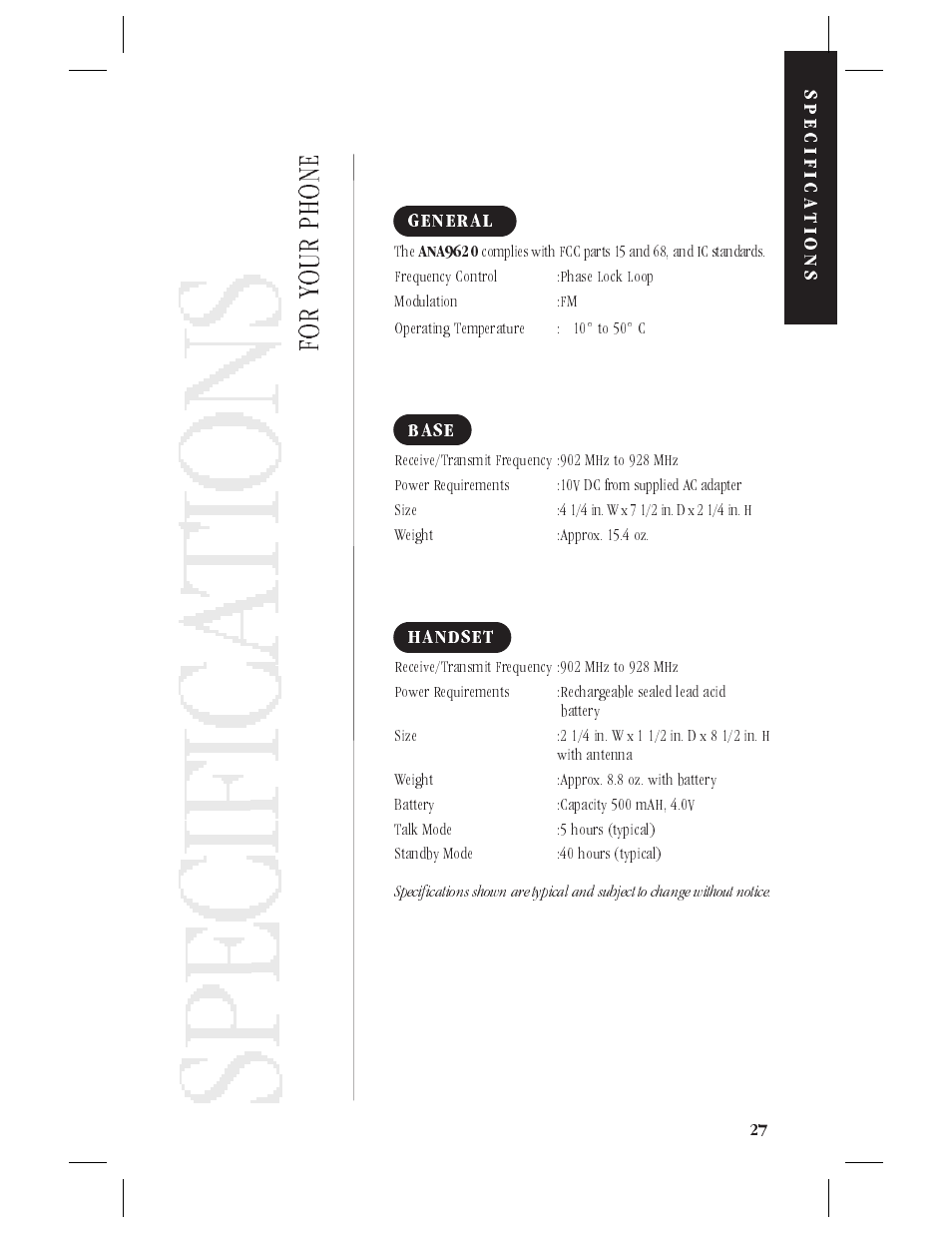 Programming the pbx conference feature button 27, Sp ec ific at io ns | Uniden ANA9620 User Manual | Page 28 / 32