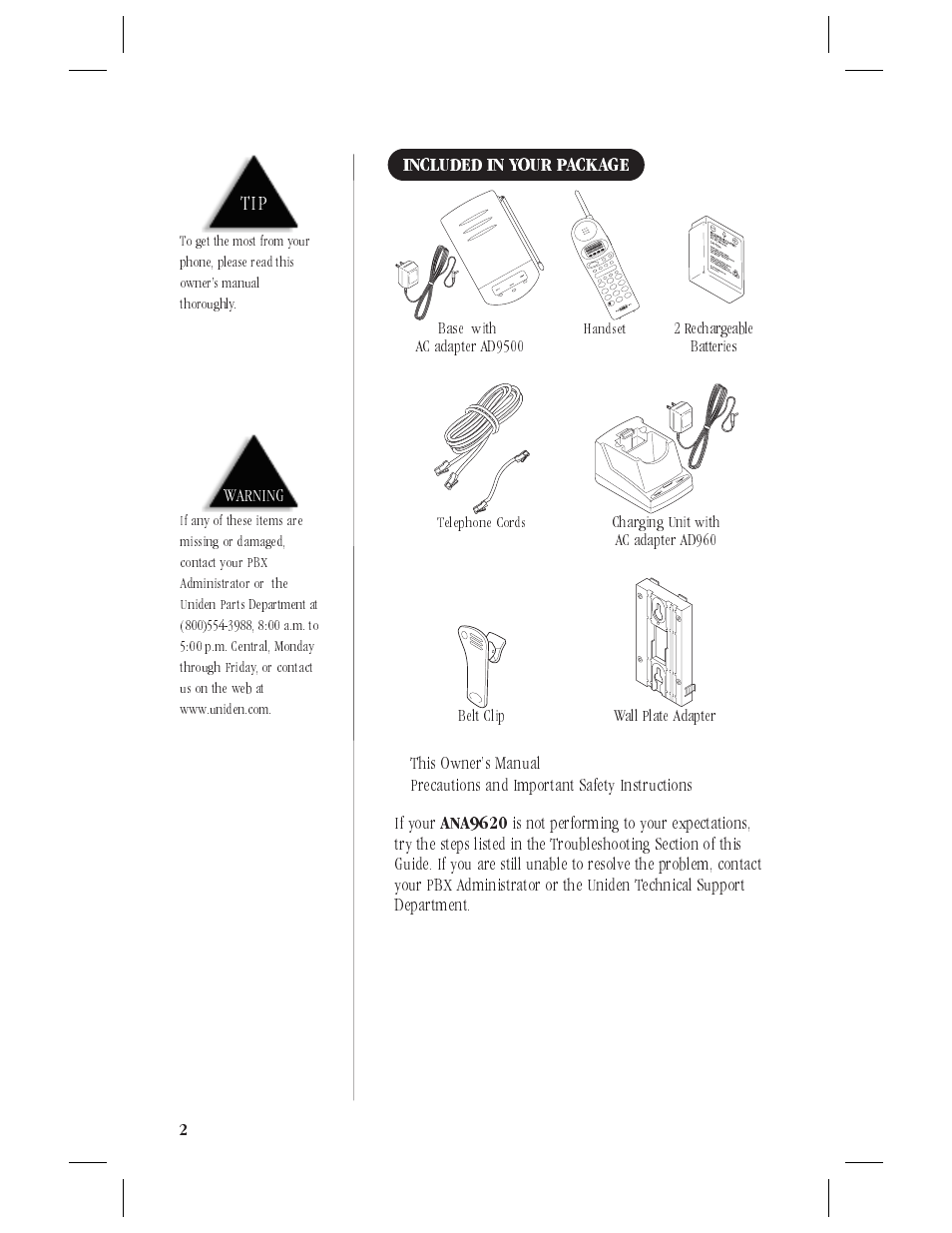 Included in your package 2, About your ana9620 2, Included in your package | This owners manual, Warning, Belt clip wall plate adapter, 2 rechargeable batteries | Uniden ANA9620 User Manual | Page 3 / 32